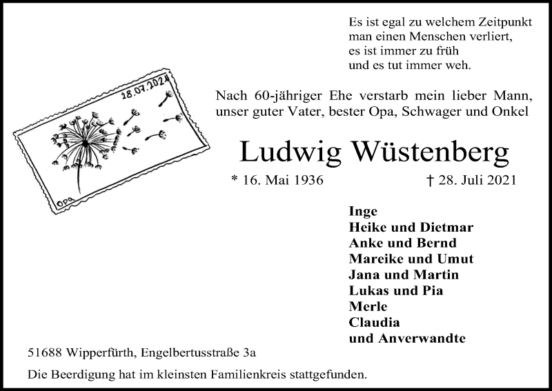  Traueranzeige für Ludwig Wüstenberg vom 14.08.2021 aus Kölner Stadt-Anzeiger / Kölnische Rundschau / Express