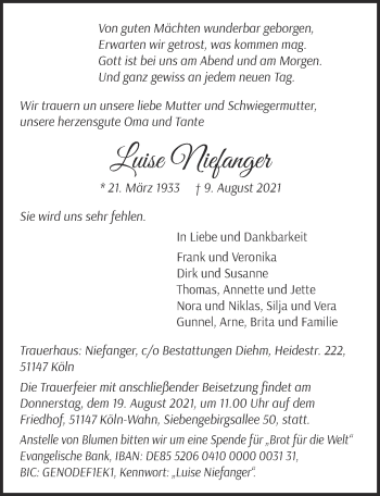 Anzeige von Luise Niefanger von  Kölner Wochenspiegel 