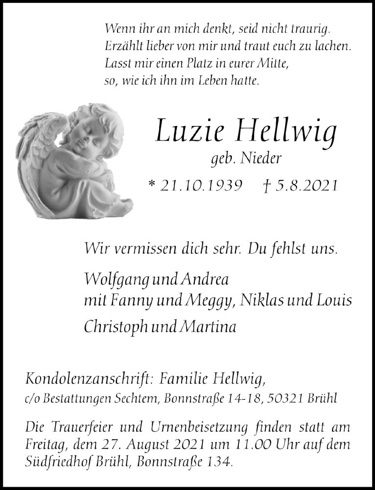  Traueranzeige für Luzie Hellwig vom 20.08.2021 aus  Schlossbote/Werbekurier 