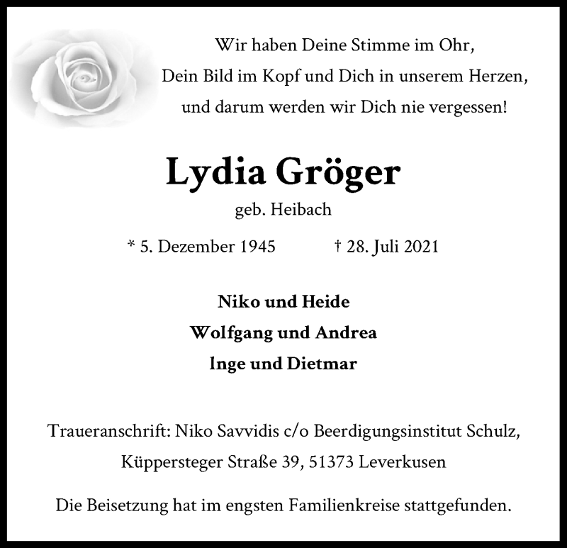 Traueranzeige für Lydia Gröger vom 11.08.2021 aus Kölner Stadt-Anzeiger / Kölnische Rundschau / Express