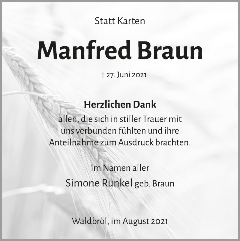  Traueranzeige für Manfred Braun vom 06.08.2021 aus  Lokalanzeiger 