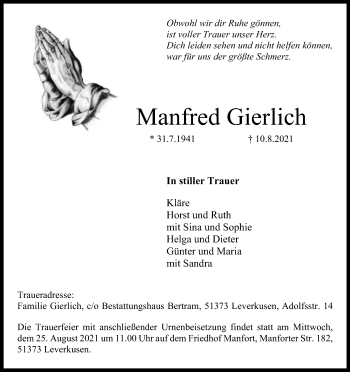 Anzeige von Manfred Gierlich von Kölner Stadt-Anzeiger / Kölnische Rundschau / Express
