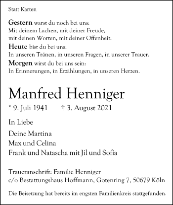 Anzeige von Manfred Henniger von Kölner Stadt-Anzeiger / Kölnische Rundschau / Express