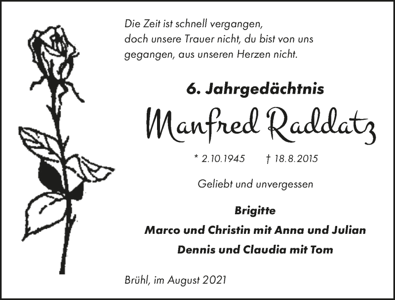  Traueranzeige für Manfred Raddatz vom 20.08.2021 aus  Schlossbote/Werbekurier 