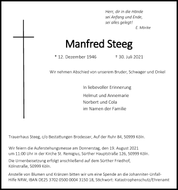 Anzeige von Manfred Steeg von Kölner Stadt-Anzeiger / Kölnische Rundschau / Express