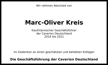 Anzeige von Marc-Oliver Kreis von Kölner Stadt-Anzeiger / Kölnische Rundschau / Express