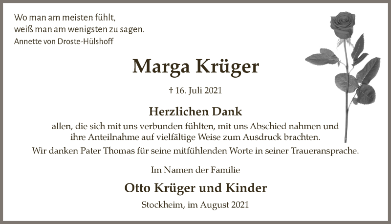  Traueranzeige für Marga Krüger vom 27.08.2021 aus  Lokalanzeiger 