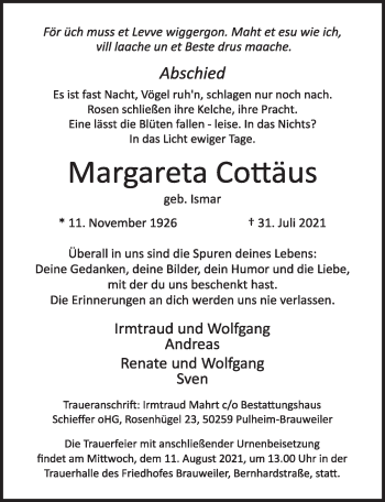 Anzeige von Margareta Cottäus von  Wochenende 