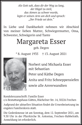 Anzeige von Margareta Esser von  Wochenende 