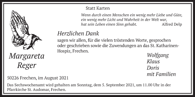  Traueranzeige für Margareta Reger vom 20.08.2021 aus  Wochenende 