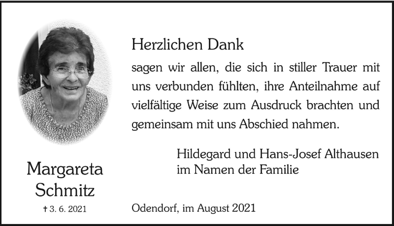  Traueranzeige für Margareta Schmitz vom 14.08.2021 aus  Schaufenster/Blickpunkt 