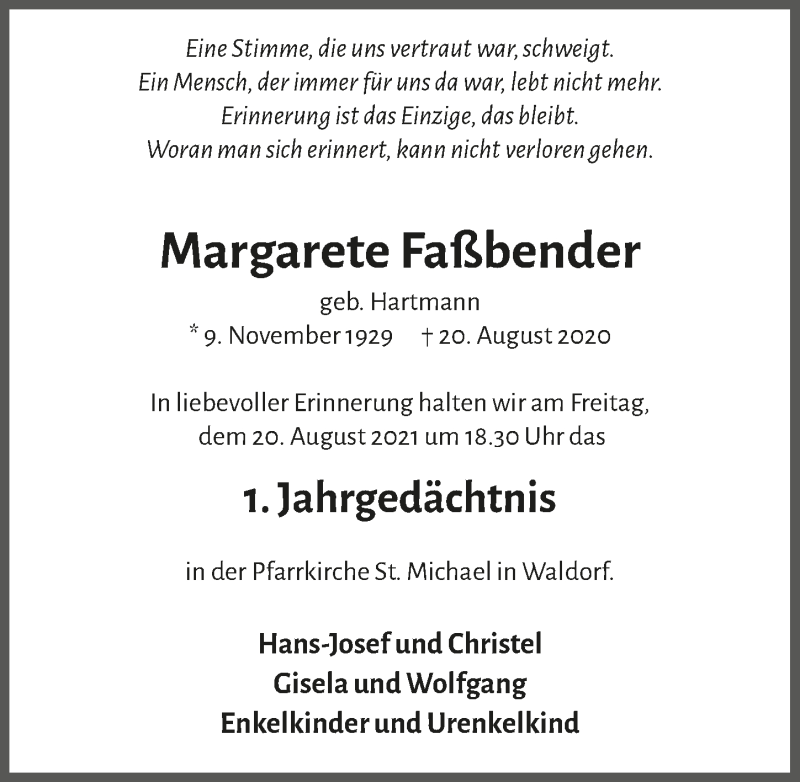  Traueranzeige für Margarete Faßbender vom 13.08.2021 aus  Schaufenster/Blickpunkt 