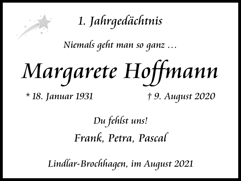  Traueranzeige für Margarete Hoffmann vom 14.08.2021 aus Kölner Stadt-Anzeiger / Kölnische Rundschau / Express