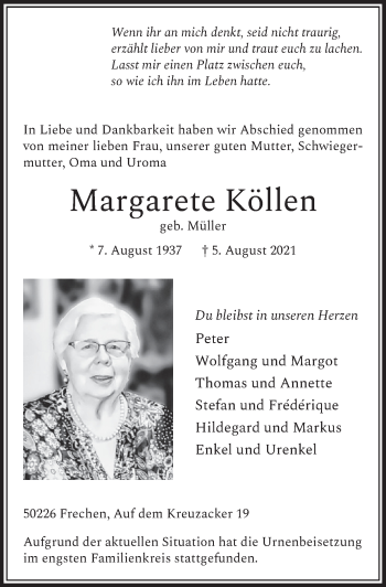 Anzeige von Margarete Köllen von  Wochenende 