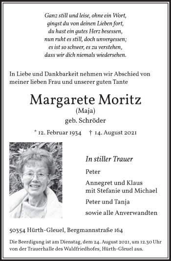 Anzeige von Margarete Moritz von  Wochenende 