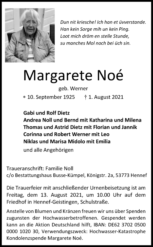  Traueranzeige für Margarete Noé vom 07.08.2021 aus Kölner Stadt-Anzeiger / Kölnische Rundschau / Express