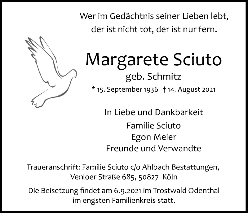 Traueranzeige für Margarete Sciuto vom 28.08.2021 aus Kölner Stadt-Anzeiger / Kölnische Rundschau / Express