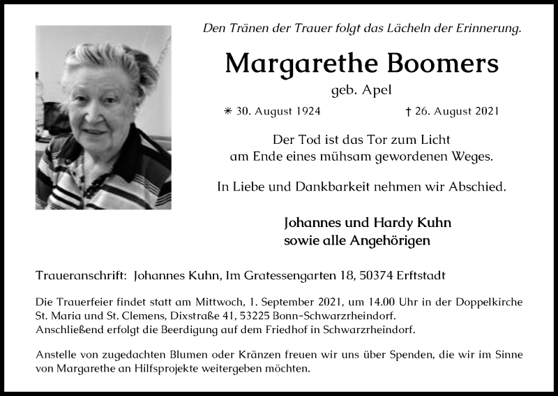  Traueranzeige für Margarethe Boomers vom 30.08.2021 aus Kölner Stadt-Anzeiger / Kölnische Rundschau / Express