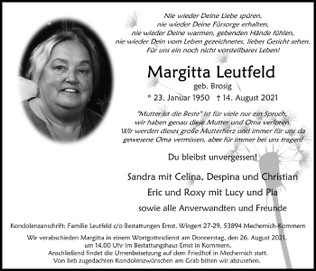 Anzeige von Margitta Leutfeld von  Blickpunkt Euskirchen 