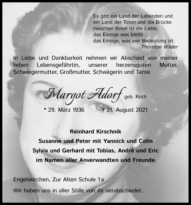  Traueranzeige für Margot Adorf vom 30.08.2021 aus Kölner Stadt-Anzeiger / Kölnische Rundschau / Express