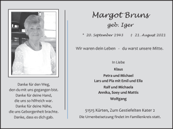 Anzeige von Margot Bruns von Kölner Stadt-Anzeiger / Kölnische Rundschau / Express