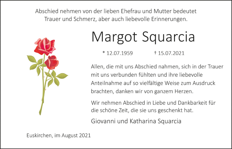  Traueranzeige für Margot Squarcia vom 14.08.2021 aus  Blickpunkt Euskirchen 