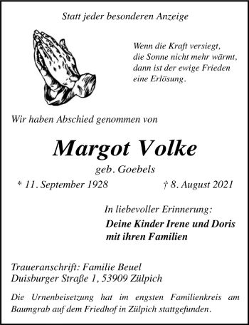 Anzeige von Margot Volke von  Blickpunkt Euskirchen 