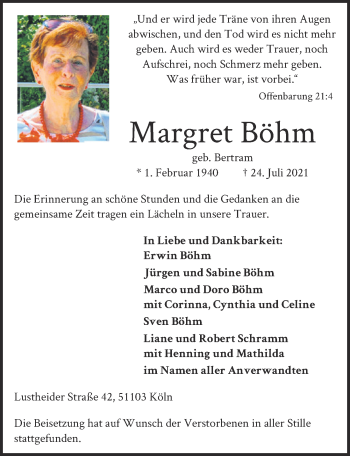 Anzeige von Margret Böhm von  Kölner Wochenspiegel 