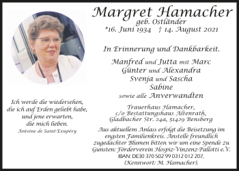 Anzeige von Margret Hamacher von  Bergisches Handelsblatt 