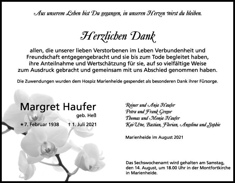  Traueranzeige für Margret Haufer vom 07.08.2021 aus Kölner Stadt-Anzeiger / Kölnische Rundschau / Express