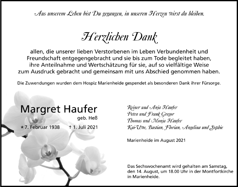  Traueranzeige für Margret Haufer vom 06.08.2021 aus  Anzeigen Echo 