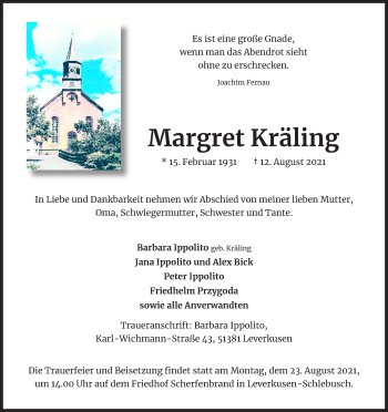 Anzeige von Margret Kräling von Kölner Stadt-Anzeiger / Kölnische Rundschau / Express