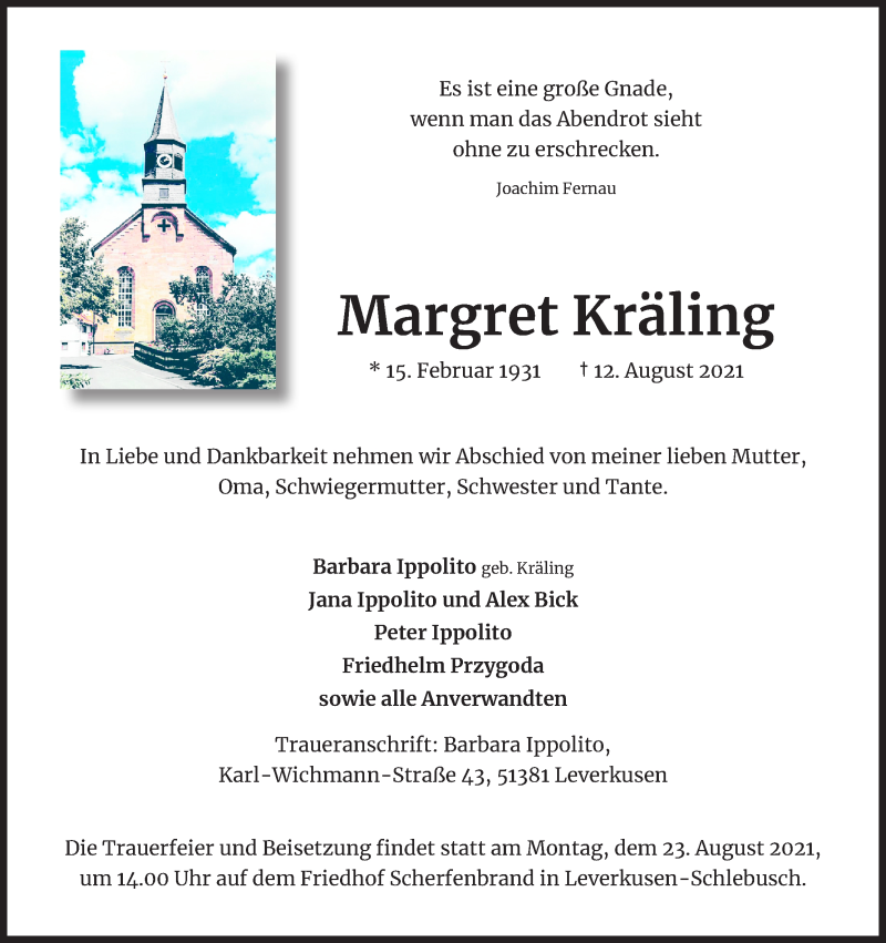 Traueranzeige für Margret Kräling vom 21.08.2021 aus Kölner Stadt-Anzeiger / Kölnische Rundschau / Express