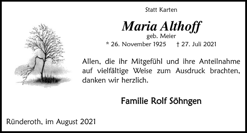  Traueranzeige für Maria Althoff vom 13.08.2021 aus  Anzeigen Echo 