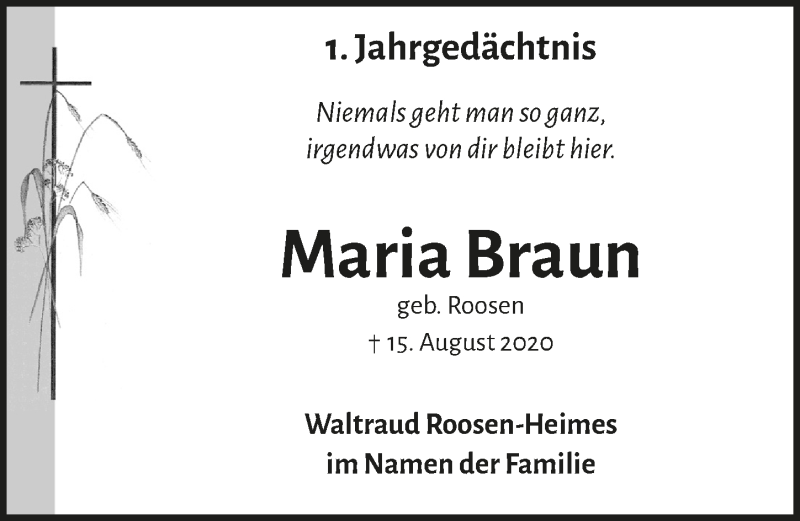  Traueranzeige für Maria Braun vom 06.08.2021 aus  Schaufenster/Blickpunkt 