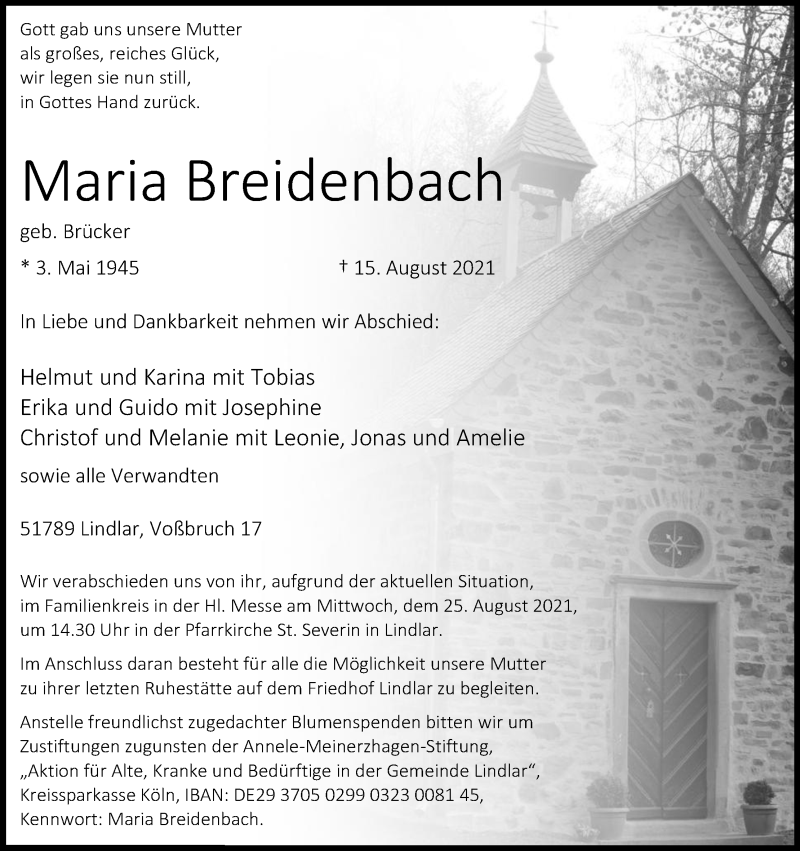  Traueranzeige für Maria Breidenbach vom 21.08.2021 aus Kölner Stadt-Anzeiger / Kölnische Rundschau / Express
