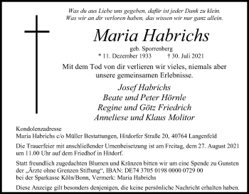 Anzeige von Maria Habrichs von Kölner Stadt-Anzeiger / Kölnische Rundschau / Express