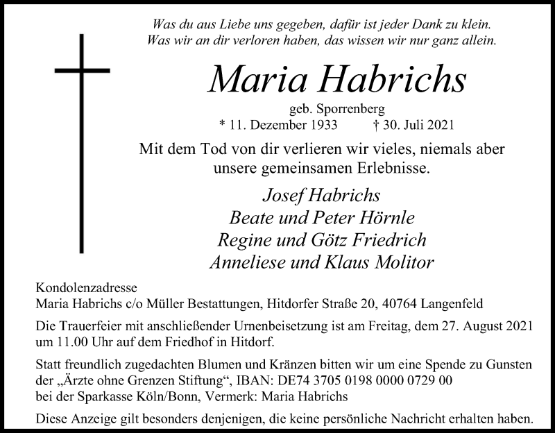  Traueranzeige für Maria Habrichs vom 14.08.2021 aus Kölner Stadt-Anzeiger / Kölnische Rundschau / Express