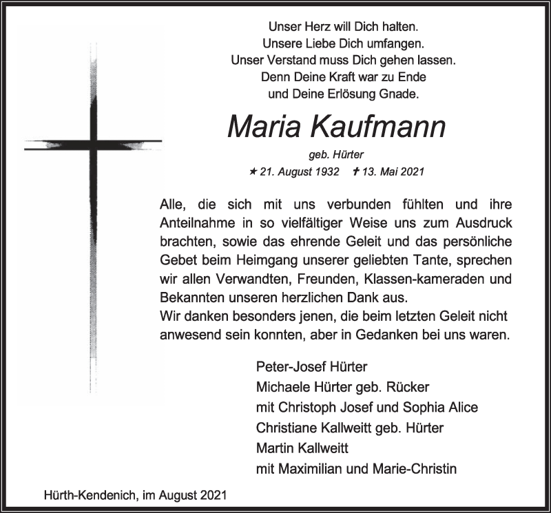  Traueranzeige für Maria Kaufmann vom 06.08.2021 aus  Wochenende 