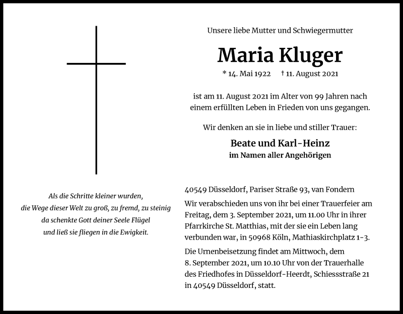  Traueranzeige für Maria Kluger vom 28.08.2021 aus Kölner Stadt-Anzeiger / Kölnische Rundschau / Express