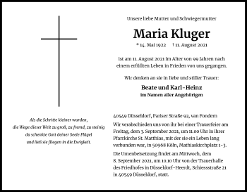 Anzeige von Maria Kluger von Kölner Stadt-Anzeiger / Kölnische Rundschau / Express