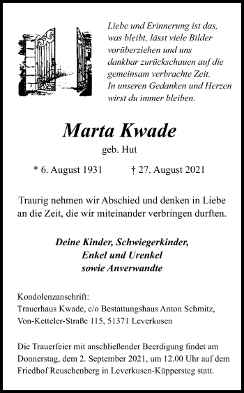 Anzeige von Marta Kwade von Kölner Stadt-Anzeiger / Kölnische Rundschau / Express
