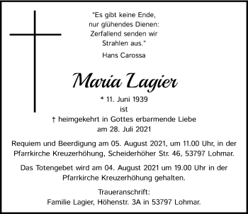 Anzeige von Maria Lagier von Kölner Stadt-Anzeiger / Kölnische Rundschau / Express