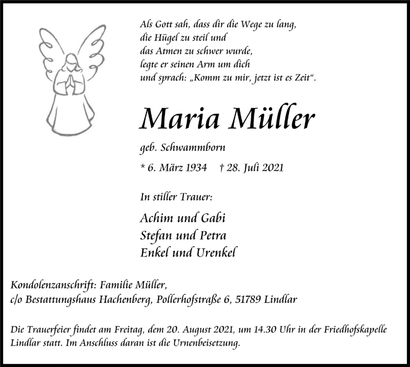  Traueranzeige für Maria Müller vom 13.08.2021 aus  Anzeigen Echo 