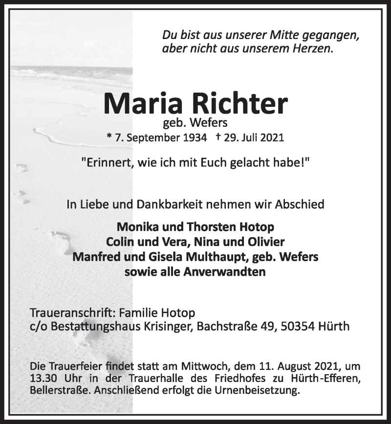  Traueranzeige für Maria Richter vom 06.08.2021 aus  Wochenende 
