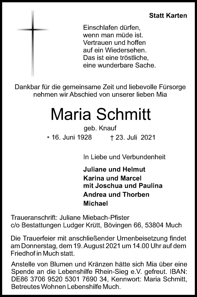  Traueranzeige für Maria Schmitt vom 07.08.2021 aus Kölner Stadt-Anzeiger / Kölnische Rundschau / Express