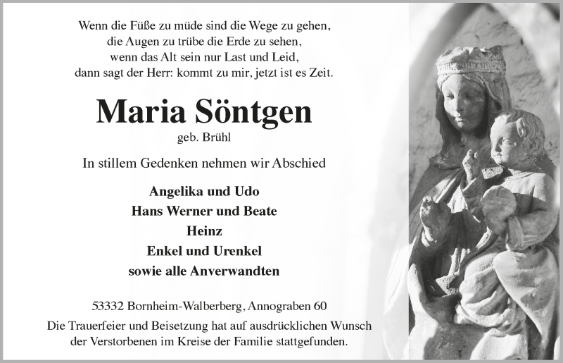  Traueranzeige für Maria Söntgen vom 20.08.2021 aus  Schlossbote/Werbekurier 