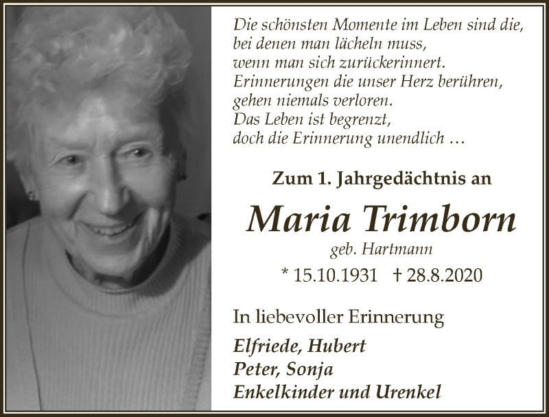  Traueranzeige für Maria Trimborn vom 27.08.2021 aus  Schaufenster/Blickpunkt 