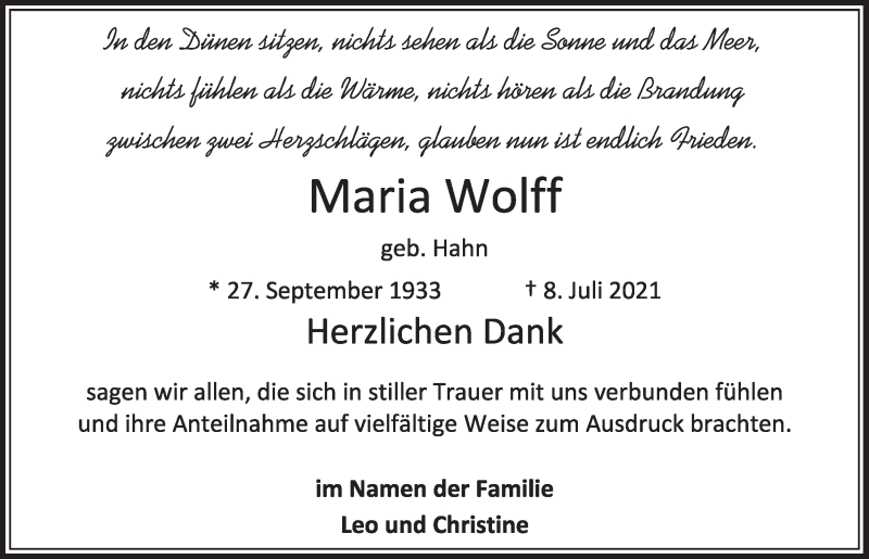  Traueranzeige für Maria Wolff vom 27.08.2021 aus  Werbepost 