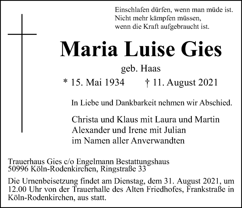  Traueranzeige für Maria Luise Gies vom 21.08.2021 aus Kölner Stadt-Anzeiger / Kölnische Rundschau / Express